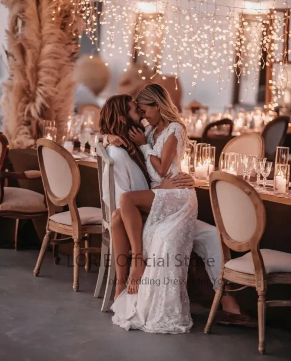 LORIE Bohemian Wedding Dresses Lace V-Neck Wedding Gown Boho Beach Bridal Dress Long Sleeve Open Back Customized  vestido novia - Imagen 2