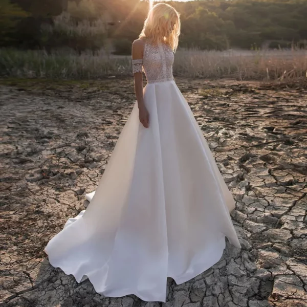 DREAM Customized Satin Bohemian Wedding Dress For Brides 2025 Off The Shoulder Lace Halter Bridal Gown With Detachable Sleeves - Imagen 2