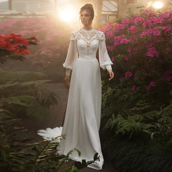 DREAM Customized Chiffon Long Puffy Sleeves Boho Wedding Dresses 2025 High Neck Lace Appliques Muslim Bridal Gown Vintage Dress - Imagen 6
