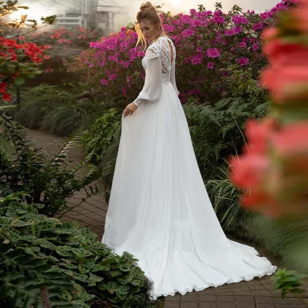DREAM Customized Chiffon Long Puffy Sleeves Boho Wedding Dresses 2025 High Neck Lace Appliques Muslim Bridal Gown Vintage Dress - Imagen 2