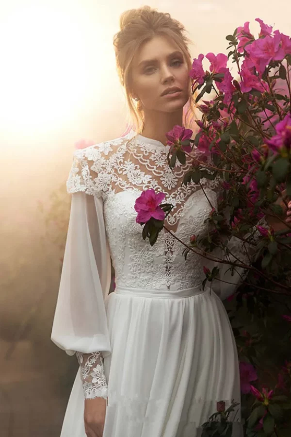 DREAM Customized Chiffon Long Puffy Sleeves Boho Wedding Dresses 2025 High Neck Lace Appliques Muslim Bridal Gown Vintage Dress - Imagen 4
