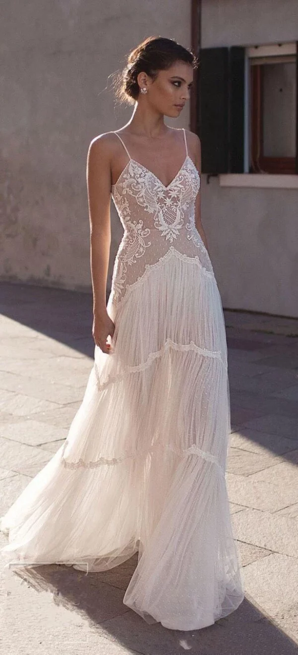 LORIE Bohemia Wedding Dresses Lace 2020 V-neck Spaghetti Straps Sleeveless Soft Tulle Beach Bridal Gown Vintage Marriage Gowns - Imagen 6