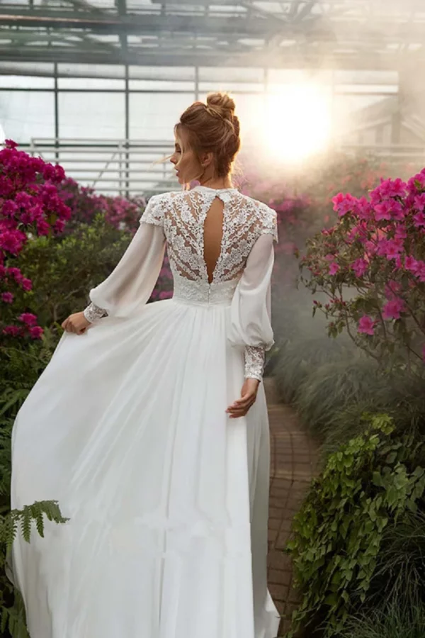 DREAM Customized Chiffon Long Puffy Sleeves Boho Wedding Dresses 2025 High Neck Lace Appliques Muslim Bridal Gown Vintage Dress - Imagen 3