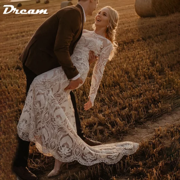 DREAM Customized Boho Long Sleeves Lace Mermaid Wedding Dress 2025 Open Back Vintage Rustic Beach Bride Gown Bohemian Dresses - Imagen 2