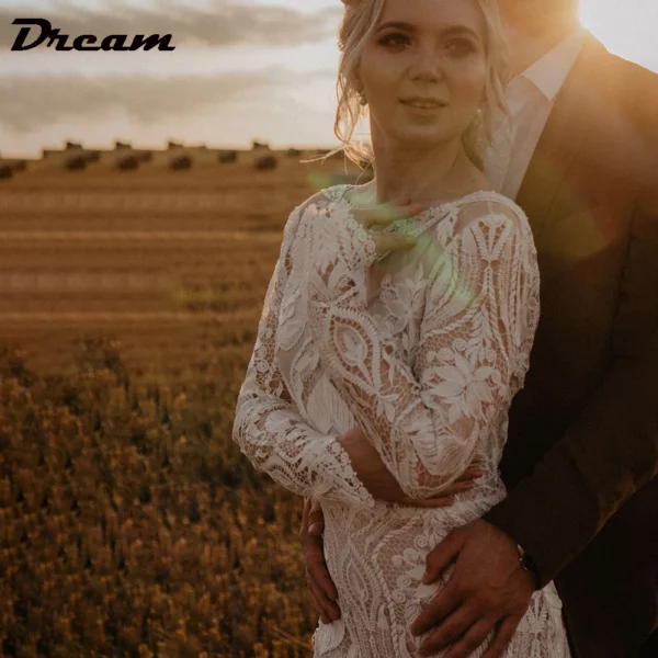 DREAM Customized Boho Long Sleeves Lace Mermaid Wedding Dress 2025 Open Back Vintage Rustic Beach Bride Gown Bohemian Dresses - Imagen 6