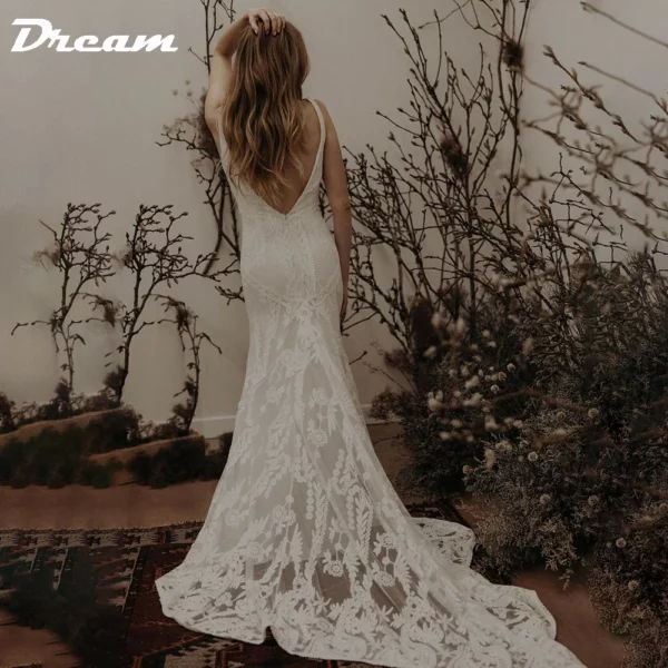 DREAM Customized Elegant Long V Neck Sleeveless Boho Mermaid Wedding Dress 2025 Lace Open Back Sweep Train Bridal Gown - Imagen 2