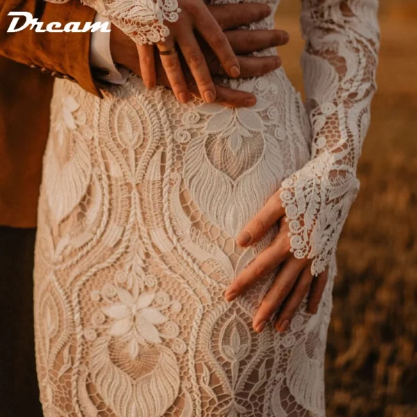 DREAM Customized Boho Long Sleeves Lace Mermaid Wedding Dress 2025 Open Back Vintage Rustic Beach Bride Gown Bohemian Dresses - Imagen 5