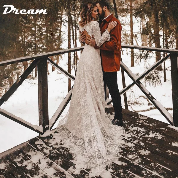 DREAM Customized Long Sleeves Floral Lace V Neck Boho Wedding Dress Deep V Neck Open Back Modest Rustic Civil Bridal Gown 2025 - Imagen 6