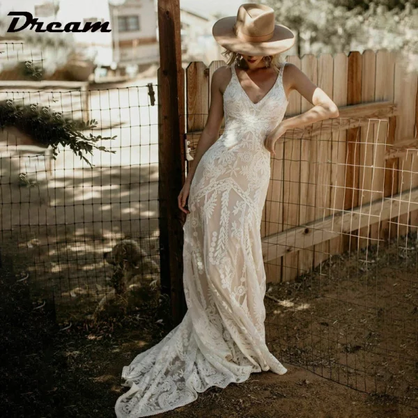 DREAM Customized Elegant Long V Neck Sleeveless Boho Mermaid Wedding Dress 2025 Lace Open Back Sweep Train Bridal Gown - Imagen 3