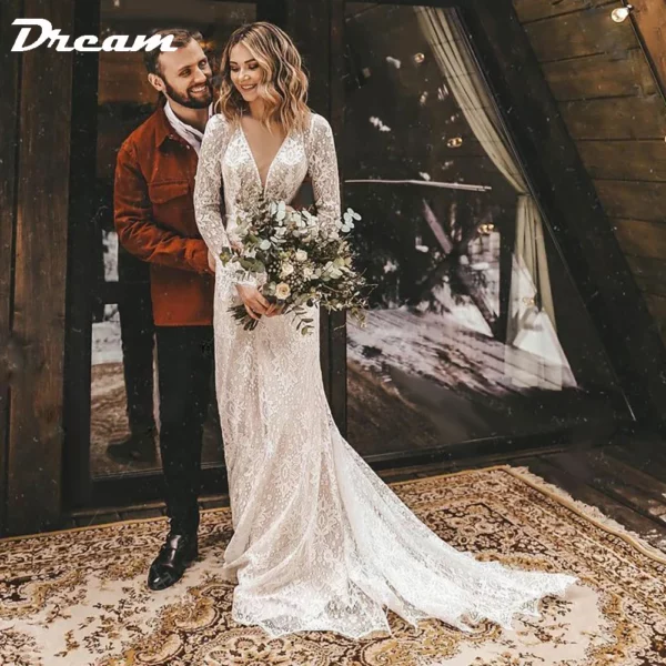 DREAM Customized Long Sleeves Floral Lace V Neck Boho Wedding Dress Deep V Neck Open Back Modest Rustic Civil Bridal Gown 2025 - Imagen 2