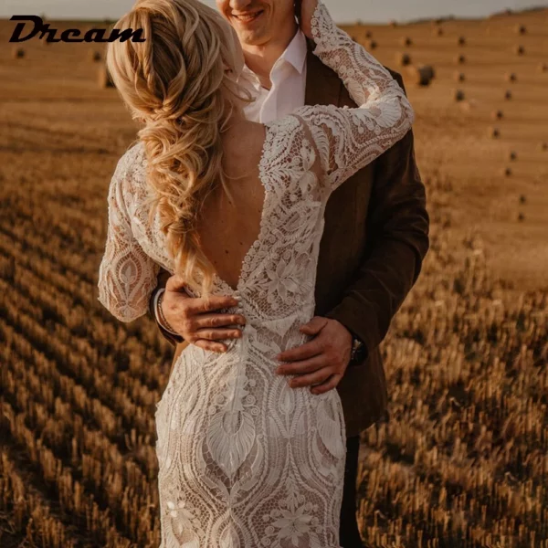 DREAM Customized Boho Long Sleeves Lace Mermaid Wedding Dress 2025 Open Back Vintage Rustic Beach Bride Gown Bohemian Dresses - Imagen 3