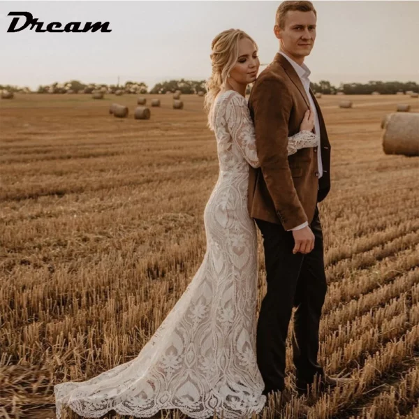 DREAM Customized Boho Long Sleeves Lace Mermaid Wedding Dress 2025 Open Back Vintage Rustic Beach Bride Gown Bohemian Dresses - Imagen 4