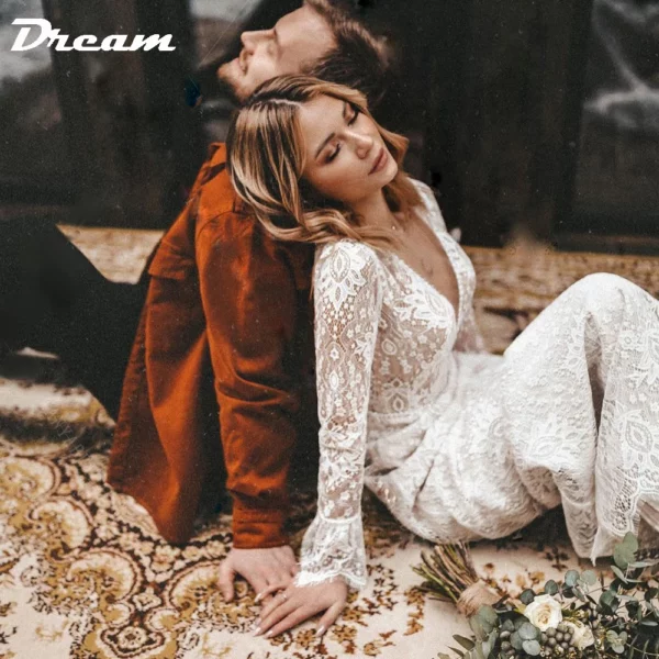 DREAM Customized Long Sleeves Floral Lace V Neck Boho Wedding Dress Deep V Neck Open Back Modest Rustic Civil Bridal Gown 2025 - Imagen 4