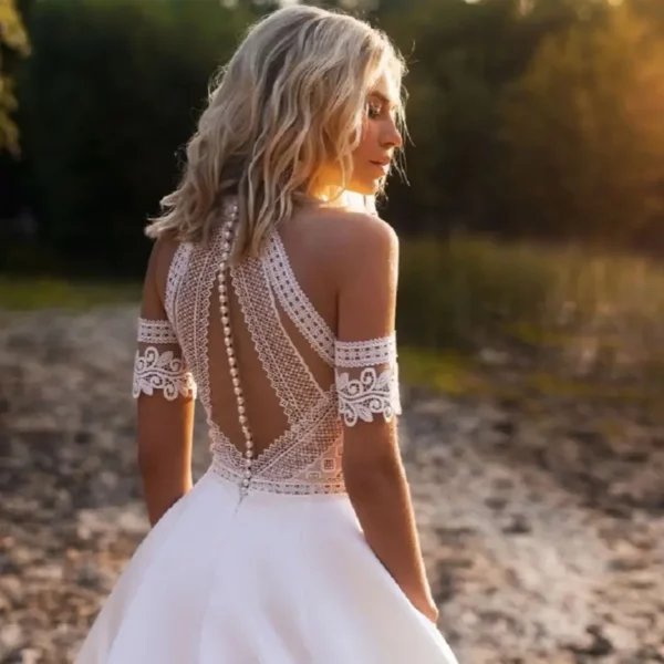 DREAM Customized Satin Bohemian Wedding Dress For Brides 2025 Off The Shoulder Lace Halter Bridal Gown With Detachable Sleeves - Imagen 4