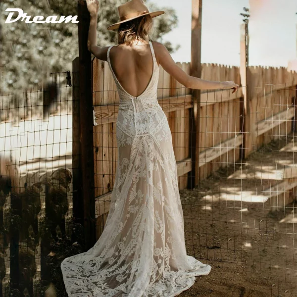 DREAM Customized Elegant Long V Neck Sleeveless Boho Mermaid Wedding Dress 2025 Lace Open Back Sweep Train Bridal Gown - Imagen 4