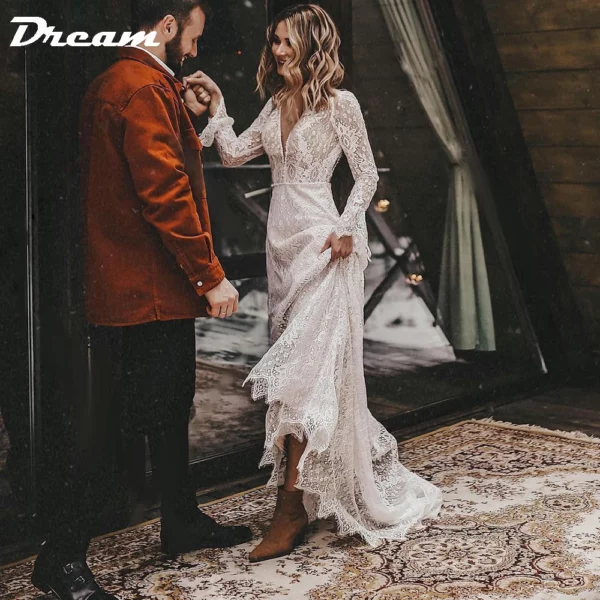 DREAM Customized Long Sleeves Floral Lace V Neck Boho Wedding Dress Deep V Neck Open Back Modest Rustic Civil Bridal Gown 2025 - Imagen 3