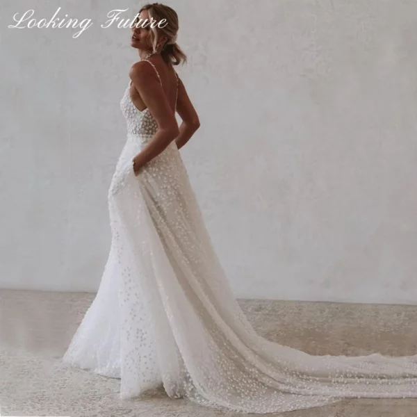Customized Elegant Tulle Wedding Dresse With Pocket Deep V-Neck Spaghetti Strap Bridal Gowns Beach Open Back Vestido Sweep Train - Imagen 3