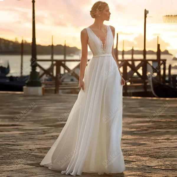Bohemia Wedding Dresses A Line Chiffon Bridal Gowns Sleeveless Deep V Neck Robe Lace Appliques Vestidos De Novia Customized 2025 - Imagen 3