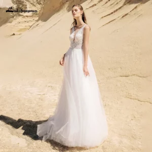 Lakshmigown Boho Beach A Line Wedding Dresses New Fashion Lace Applique Sleeveless Country Bridal Gowns V Back vestido de novia
