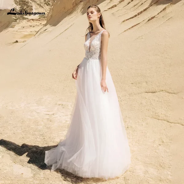 Lakshmigown Boho Beach A Line Wedding Dresses New Fashion Lace Applique Sleeveless Country Bridal Gowns V Back vestido de novia