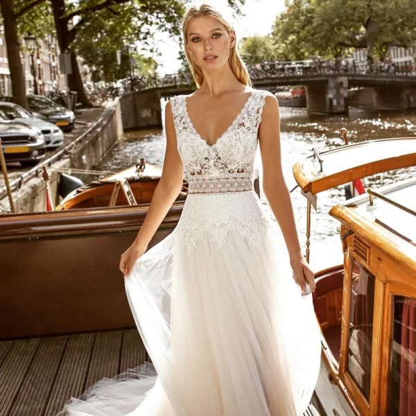 Customized A Line BOHO Women Wedding Dresses Appliques Tulle V Neck Bridal Gowns Formal Vestido De Noiva robe de mariée - Imagen 3