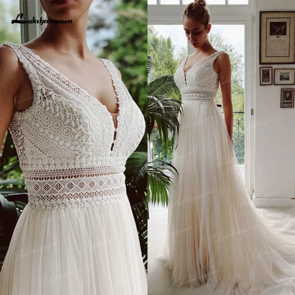 Civil Boheme Beach V neck  Wedding Dresses Lace Bridal Gowns tulle A-Line Wedding gown Robe De Mariee abito da sposa