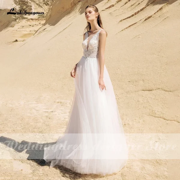 Lakshmigown Boho Beach A Line Wedding Dresses New Fashion Lace Applique Sleeveless Country Bridal Gowns V Back vestido de novia - Imagen 4