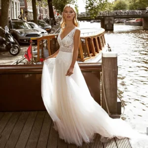 Customized A Line BOHO Women Wedding Dresses Appliques Tulle V Neck Bridal Gowns Formal Vestido De Noiva robe de mariée