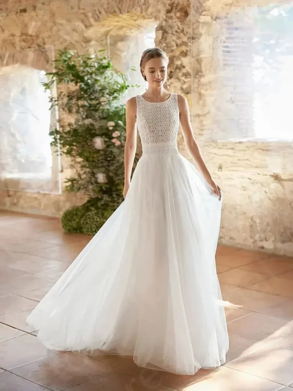 Charming White Tulle Wedding Dresses Lace Bridal Gowns Sleeveless Bride Dresses 2024 Round Neck Beach Wedding Gowns Back Out - Imagen 6