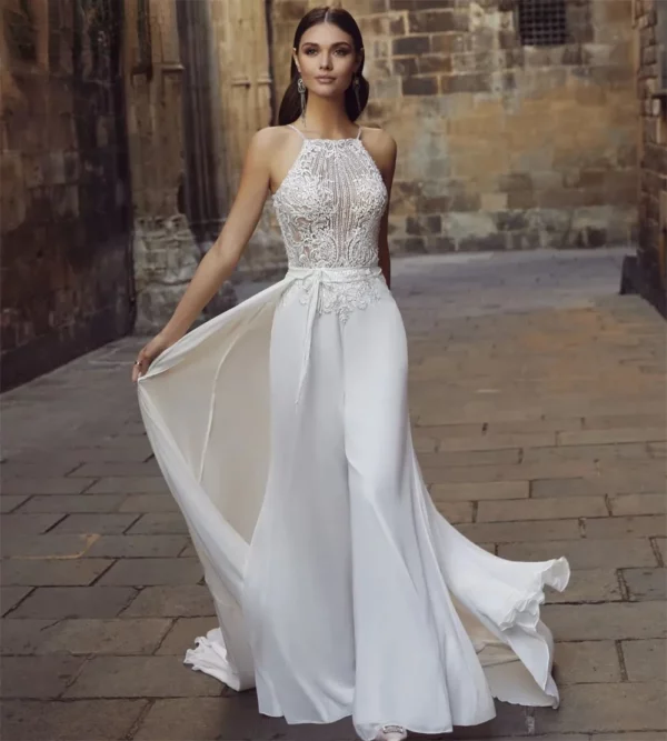Boho Jumpsuit Wedding Dress Backless Chiffon Sleeveless Lace Bride Dresses for Women 2025 Country Bridal Gowns Custom Made - Imagen 4