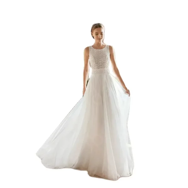 Charming White Tulle Wedding Dresses Lace Bridal Gowns Sleeveless Bride Dresses 2024 Round Neck Beach Wedding Gowns Back Out - Imagen 5