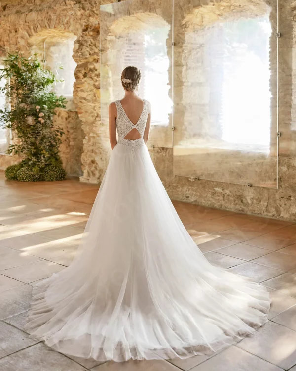 Charming White Tulle Wedding Dresses Lace Bridal Gowns Sleeveless Bride Dresses 2024 Round Neck Beach Wedding Gowns Back Out - Imagen 2