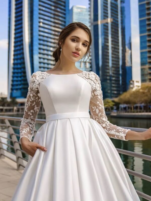 SoDigne Dubai Modest Wedding Dresses Lace Long Sleeve Satin Bride Dress With Belt Women Elegant Wedding Party Gowns Customized - Imagen 3