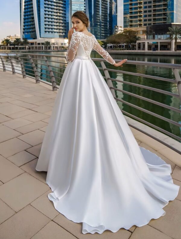 SoDigne Dubai Modest Wedding Dresses Lace Long Sleeve Satin Bride Dress With Belt Women Elegant Wedding Party Gowns Customized - Imagen 2