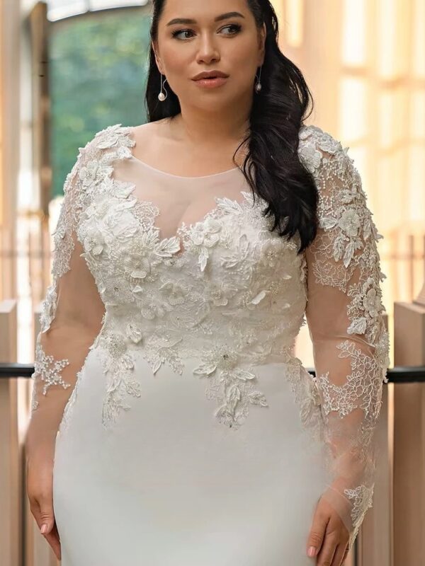 Customized Wedding Dresses Plus Size O Neck Illusion Long Sleeves Bride Gowns Appliques Floor Length Mermaid Vestido De Noiva - Imagen 3