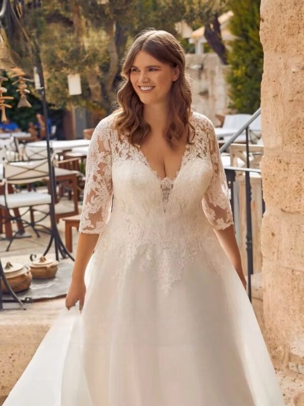 Classic Wedding Dresses Plus Size V-Neck 3/4 Sleeves Bride Gowns Appliques Sweep Train A-Line Organza Vestido De Noiva Ballgown - Imagen 2