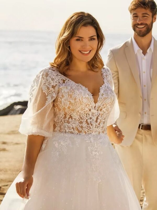 Beach Wedding Dresses Plus Size V Neck Puff Illusion Sleeves Bride Gowns Appliques Floor Length A-Line Tulle Vestido PSL980026 - Imagen 3