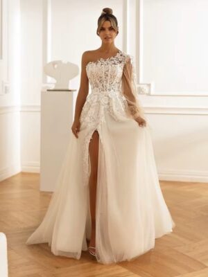 SoDigne A-line Tulle Appliques Wedding Dresses One Shloudler Split Bridal Dress Long Wedding Gown Robe De Mairee ﻿Customized ﻿