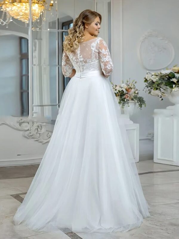 Vintage O-Neck Wedding Dresses Plus Size 3/4 Sleeves Bride Gowns Back Button Appliques A-Line Floor Length Tulle Robe De Mariée - Imagen 2