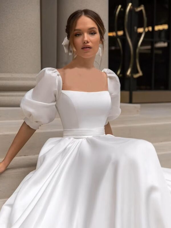 SoDigne 2023 Modern Boho Wedding Dresses Satin Short Sleeves Bow Square Collar Appliques Bride Dress Customized Wedding Gowns - Imagen 3