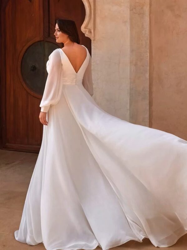 Simple Wedding Dresses Plus Size Deep V Neck Long Sleeves Bride Gowns Back Button Sweep Train A-Line Vestido De Noiva 2024 - Imagen 2