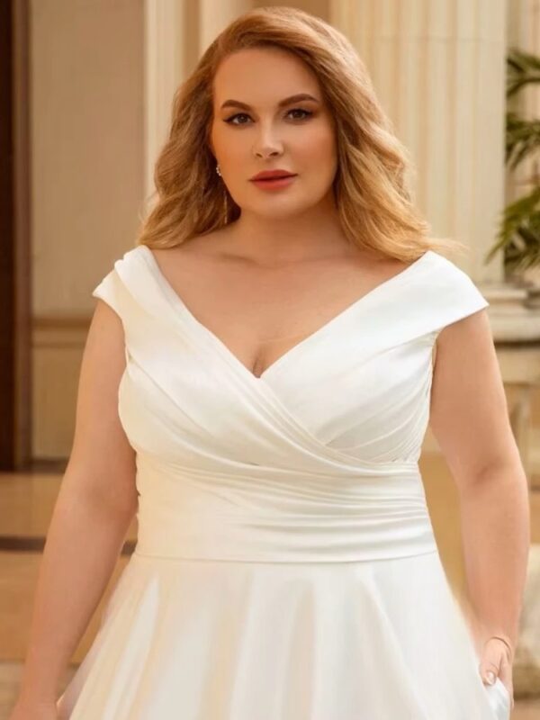 Elegant Wedding Dress For Women Plus Size Satin V-Neck Off The Shoulder Bride Gown Lace Up Sweep Train A-Line Robe De Mariée - Imagen 3