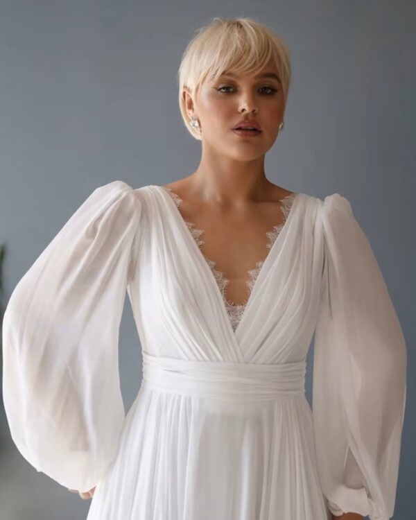 Customized Plus Size Wedding Dresses with Chiffon V Neck Full Sleeve Bridal Gowns for Women New Summer Vestido De Novia New - Imagen 3