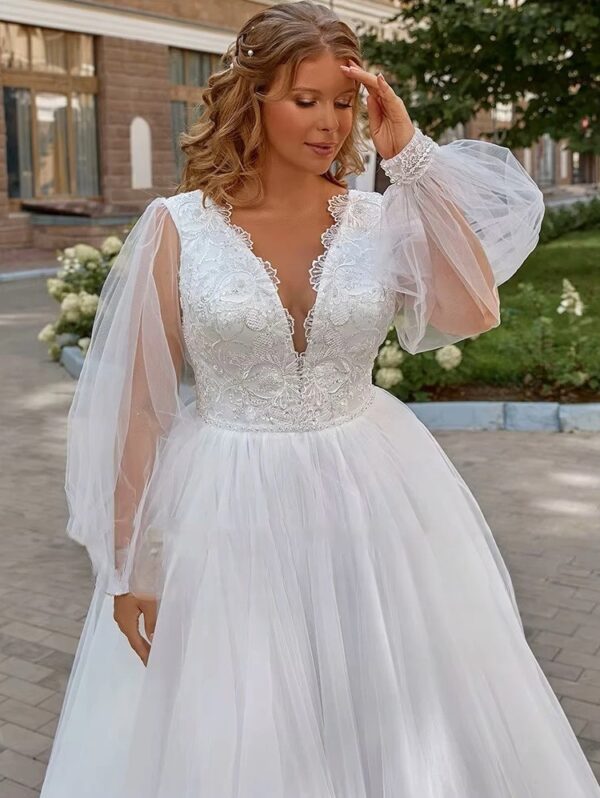 Pastroal Plus Size Wedding Dresses For Bride V-Neck Puff Sleeves Bride Gown Lace Applique Sweep Train A-Line Robe De Mariée - Imagen 4