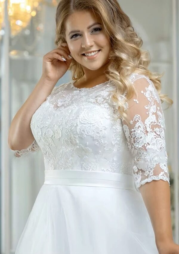 Vintage O-Neck Wedding Dresses Plus Size 3/4 Sleeves Bride Gowns Back Button Appliques A-Line Floor Length Tulle Robe De Mariée - Imagen 4