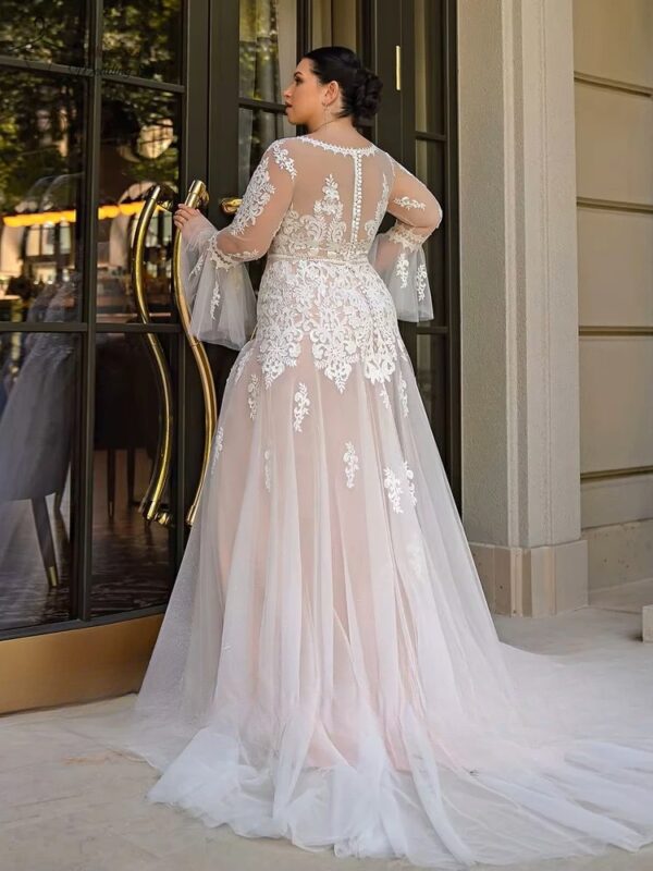 Sexy Wedding Dresses Plus Size V Neck Long Sleeves Illusion Bride Gowns Appliques Floor Length Tulle A-Line Vestido De Noiva - Imagen 2