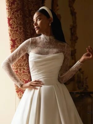 SoDigne A-line Satin/Lace Wedding Dress Full Sleeves High Neck Bride Dresses Women Bridal Gowns vestidos de novia Customized