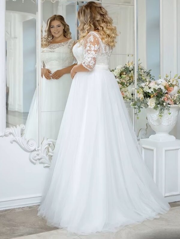 Vintage O-Neck Wedding Dresses Plus Size 3/4 Sleeves Bride Gowns Back Button Appliques A-Line Floor Length Tulle Robe De Mariée - Imagen 3