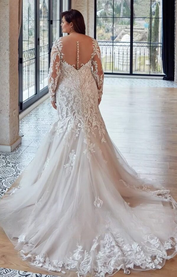 Mermaid Wedding Dresses Plus Size V Neck Long Sleeves Bride Gowns Lace Appliques Sweep Train Tulle Vestido De Noiva PSL98003 - Imagen 2