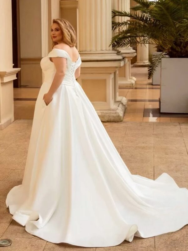 Elegant Wedding Dress For Women Plus Size Satin V-Neck Off The Shoulder Bride Gown Lace Up Sweep Train A-Line Robe De Mariée - Imagen 2